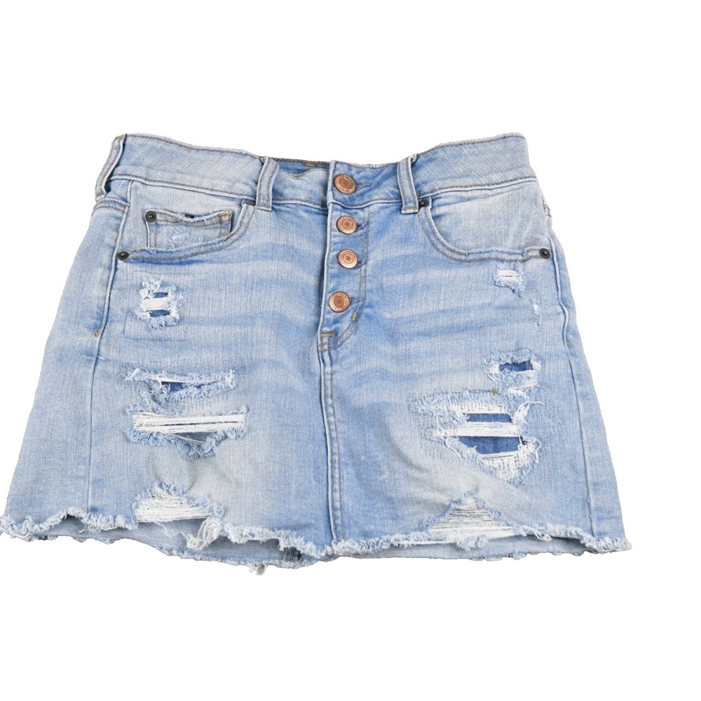 American Eagle Skirt Women's 8 (27x13) Hi-Rise Mini Button Fly Distressed Denim